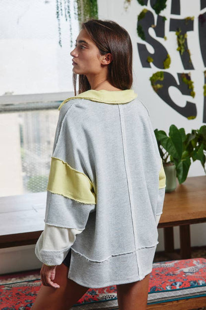BUCKETLIST - T2004E French Terry Color-block Collared Loose Fit Top: YELLOW/BABYBLUE / S-M-L (2-2-2)