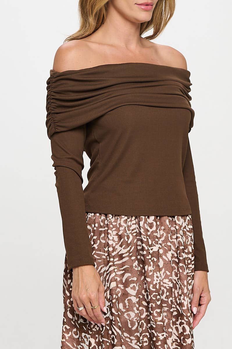 Renee C. - Made in USA Rib Knit Long Sleeve Off the Shoulder Top
