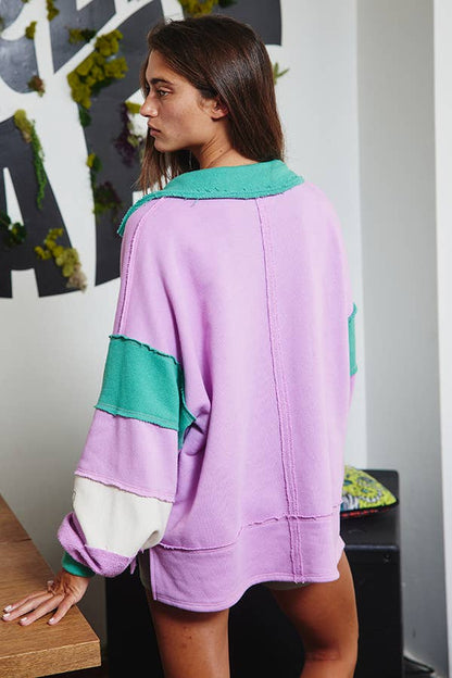 BUCKETLIST - T2004E French Terry Color-block Collared Loose Fit Top: YELLOW/BABYBLUE / S-M-L (2-2-2)