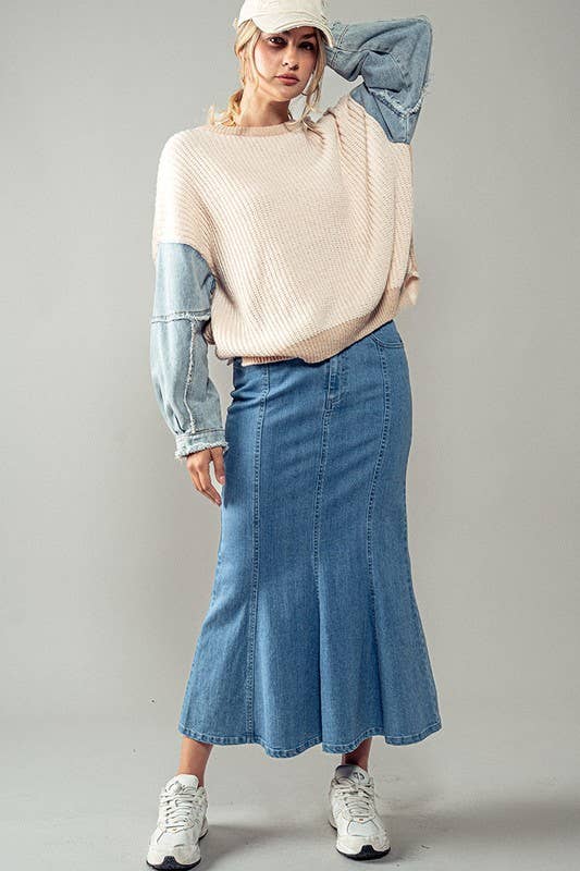 Urban Daizy - Wave Away Panel Midi Skirt: DENIM / S-2/M-2/L-2