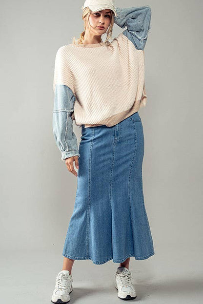 Urban Daizy - Wave Away Panel Midi Skirt: DENIM / S-2/M-2/L-2