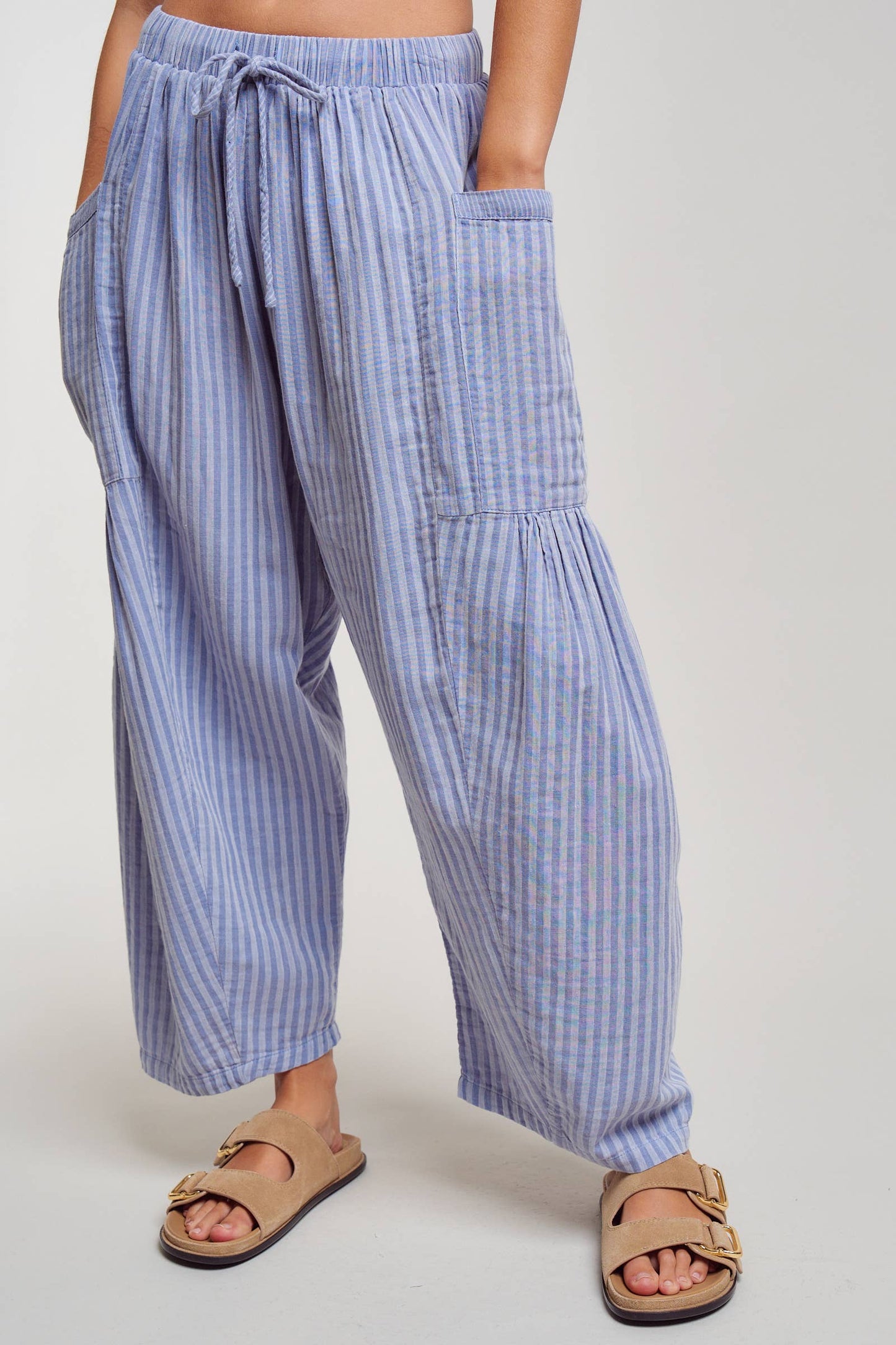 Urban Daizy - Striped Cotton Drawstring Harem Pants