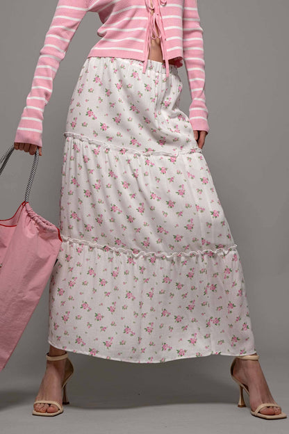 Urban Daizy - Rose Print Triple-Tier Ruffle Linen Blend Skirt: PINK / S-2/M-2/L-2
