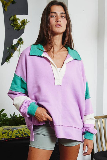 BUCKETLIST - T2004E French Terry Color-block Collared Loose Fit Top: YELLOW/BABYBLUE / S-M-L (2-2-2)