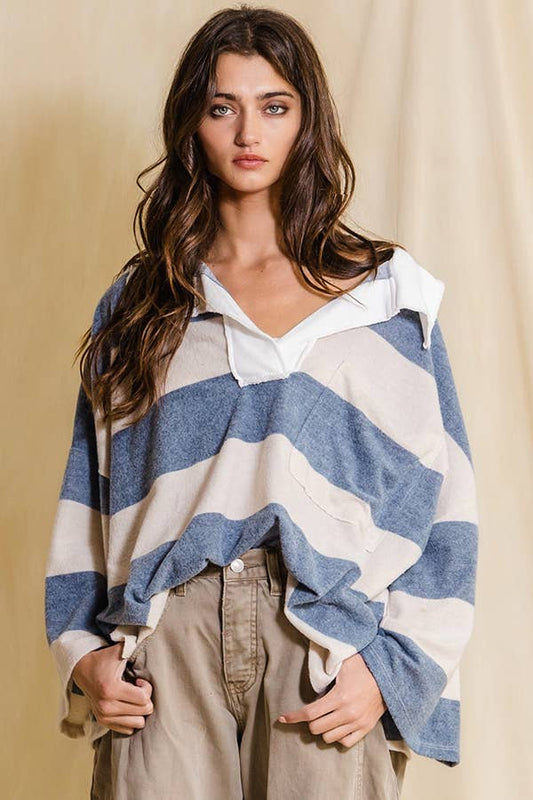 BUCKETLIST - T1211 Soft Brush Striped Big Collared Pullover Sweatshirt: S-M-L (2-2-2) / DENIM/CREAM