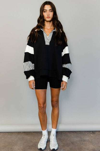 BUCKETLIST - T2004 -French Terry Knit Color-block Collared Loose Fit Top: S-M-L (2-2-2) / TAUPE/CREAM