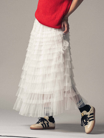Urban Daizy - Tiered Tulle Midi Skirt with Romantic Ruffles