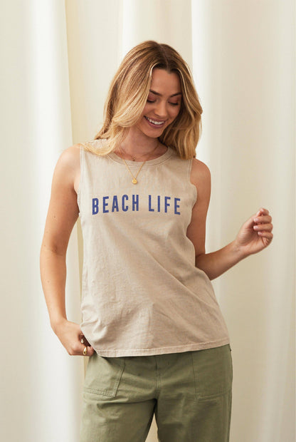 OAT COLLECTIVE - BEACH LIFE Mineral Graphic Tank Top: CREAM / X-LARGE