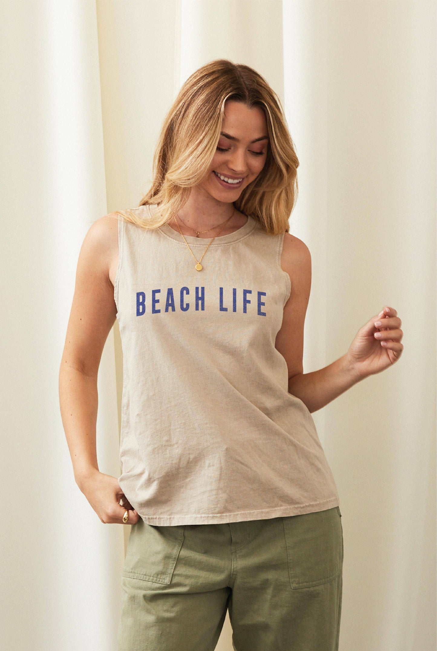 OAT COLLECTIVE - BEACH LIFE Mineral Graphic Tank Top: CREAM / MEDIUM