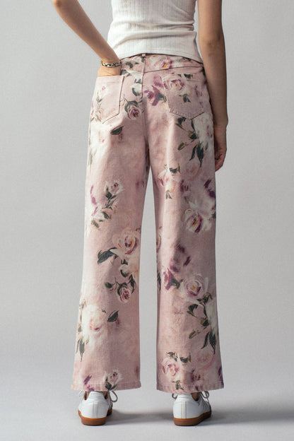 Urban Daizy - Romantic Rose Print High-Rise Denim Pants