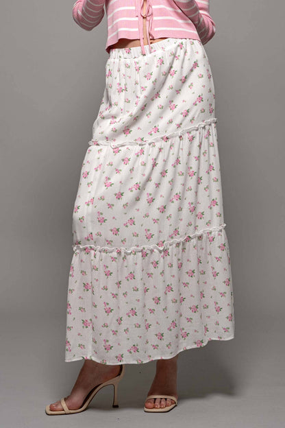 Urban Daizy - Rose Print Triple-Tier Ruffle Linen Blend Skirt: PINK / S-2/M-2/L-2