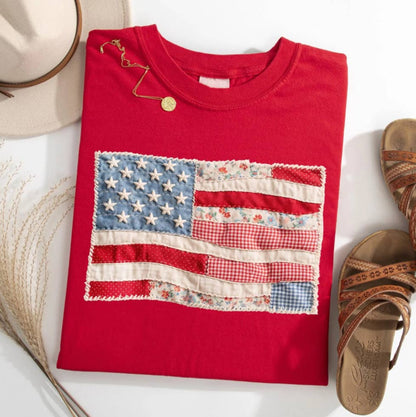 Rosa Clothing - American Flag Faux Texture Patchwork Print T-Shirt