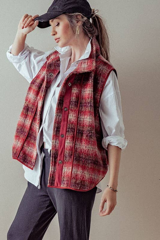 VINTAGE PLAID OVERSIZED WOOL VEST: RUST/TAUPE / S-2/M-2/L-2