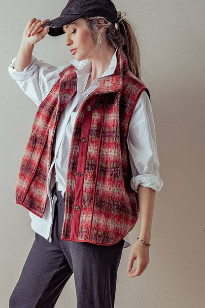 VINTAGE PLAID OVERSIZED WOOL VEST: RUST/TAUPE / S-2/M-2/L-2