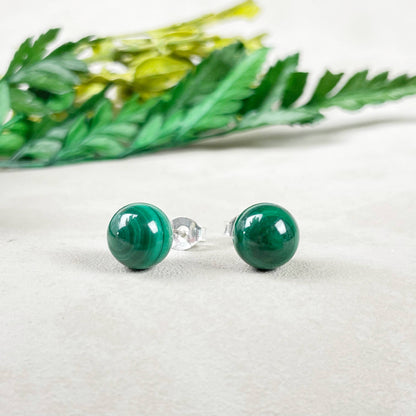 Ewelina Pas Jewelry - Silver 8mm Malachite Orb Stud Earrings