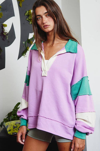 BUCKETLIST - T2004E French Terry Color-block Collared Loose Fit Top: YELLOW/BABYBLUE / S-M-L (2-2-2)