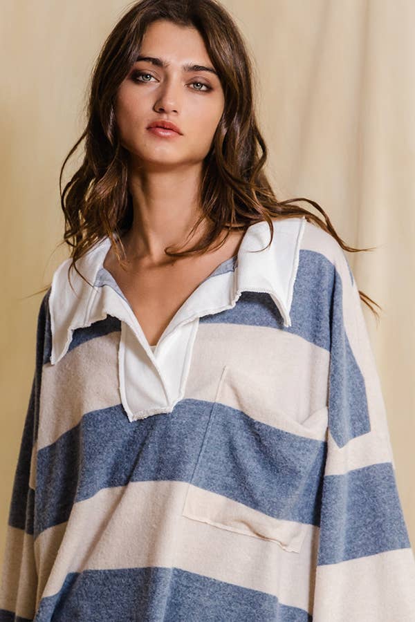 BUCKETLIST - T1211 Soft Brush Striped Big Collared Pullover Sweatshirt: S-M-L (2-2-2) / DENIM/CREAM