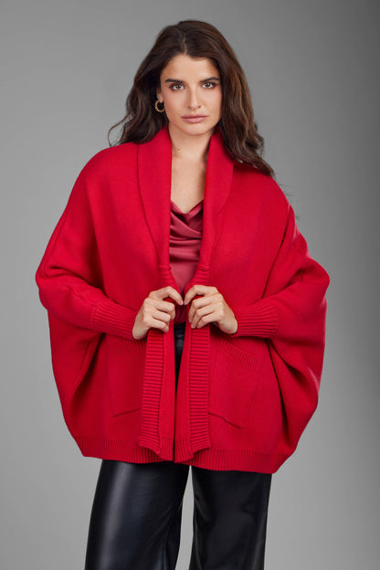 SAACHI - Open Front Oversized Cardigan Sweater: Red
