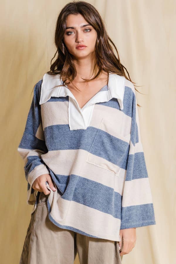 BUCKETLIST - T1211 Soft Brush Striped Big Collared Pullover Sweatshirt: S-M-L (2-2-2) / DENIM/CREAM