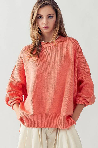 OVERSIZED SIDE SLIT CREW NECK COZY SWEATER: PINEAPPLE / S-2/M-2/L-2