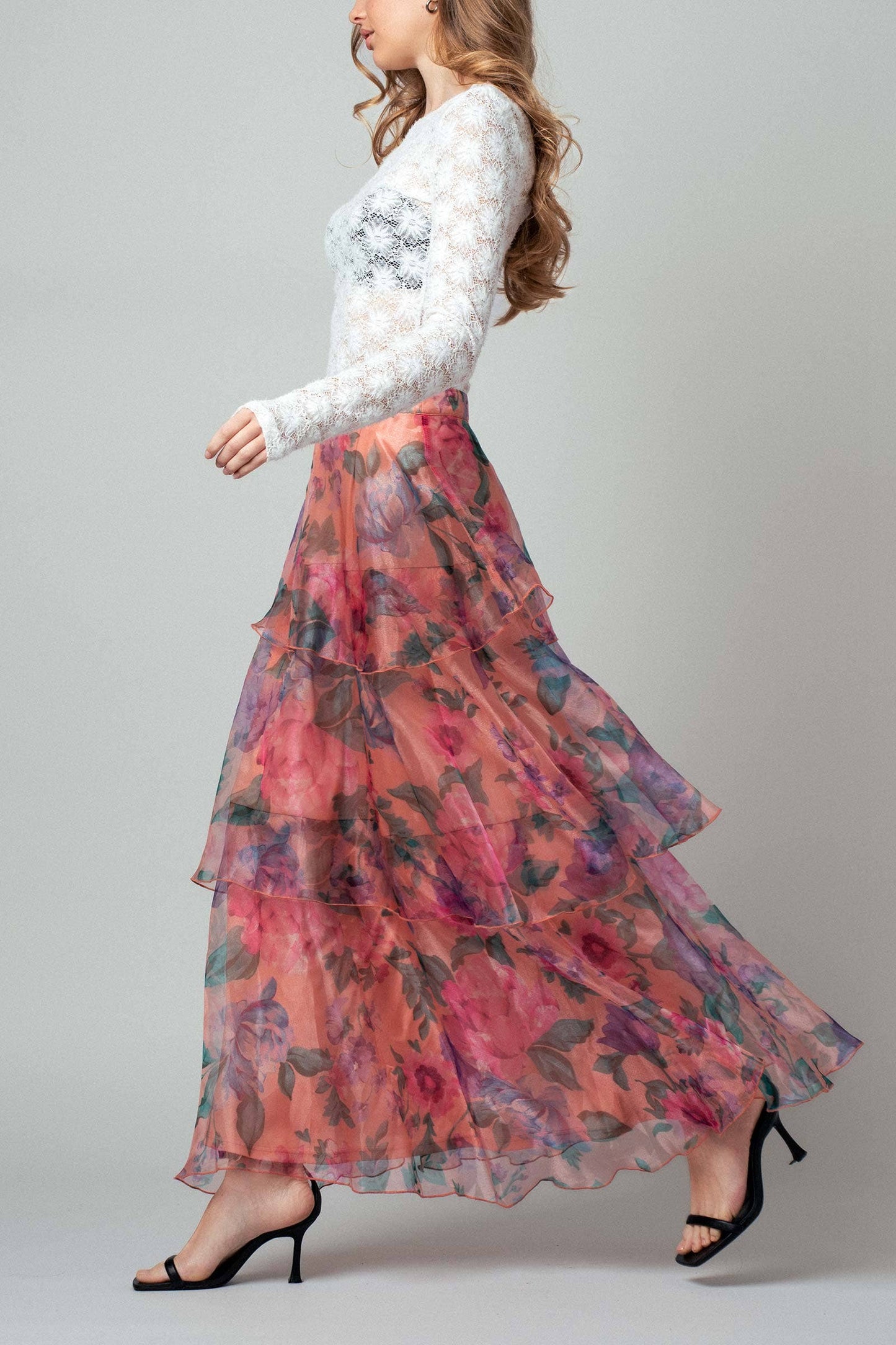 Sheer Floral Print Tiered Organza Maxi Skirt