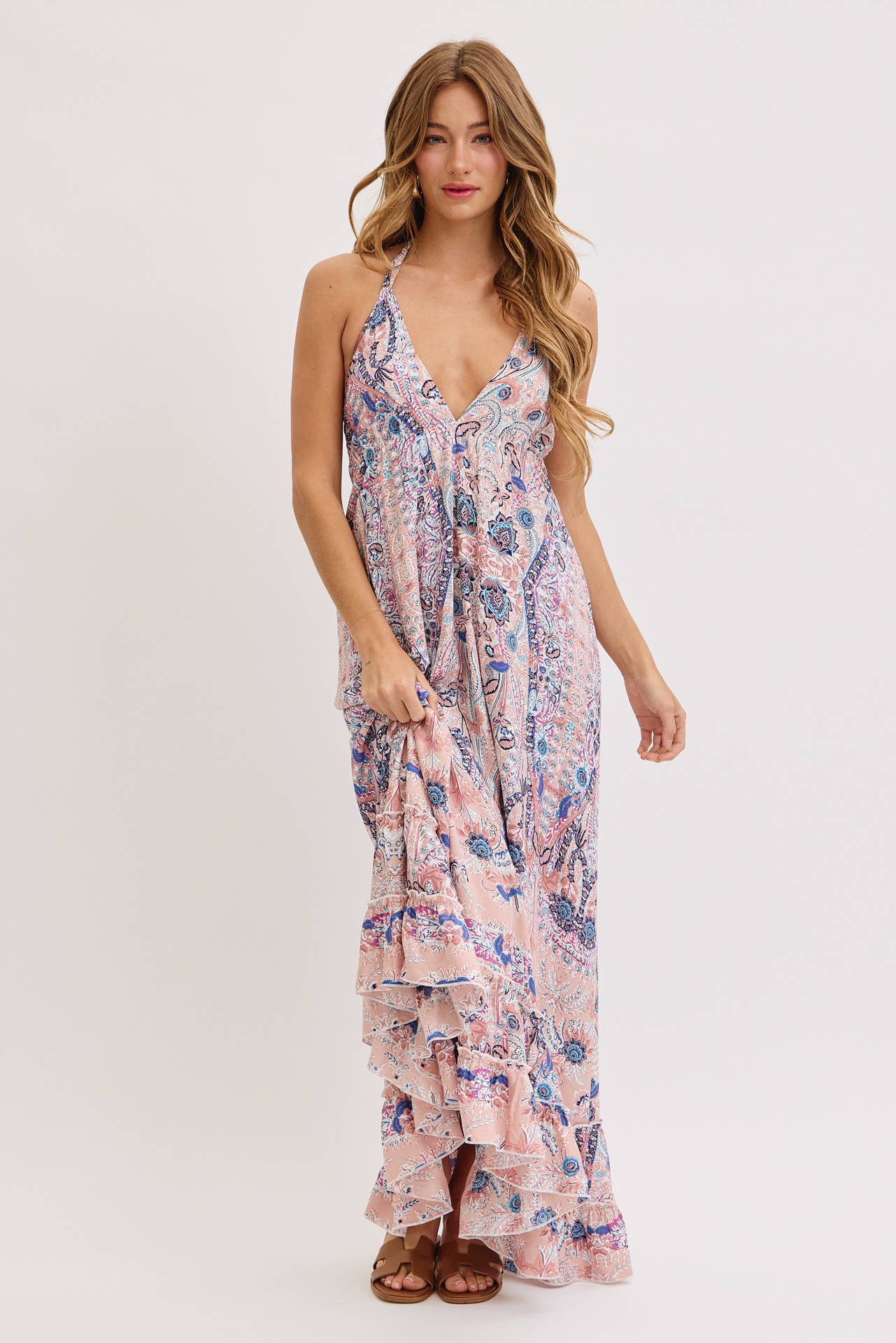 Sweet Lovely by Jen - BOHEMIAN FLORAL PRINT HALTER FLORAL  MAXI DRESS