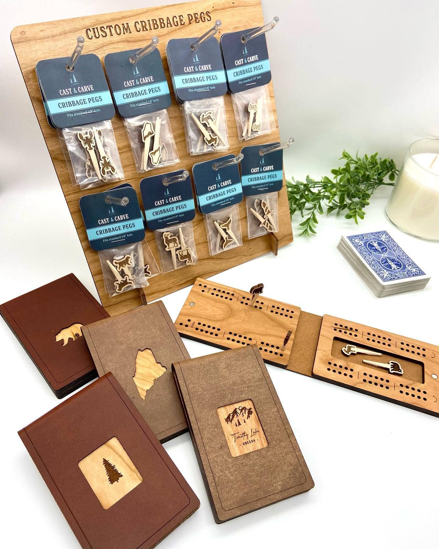 Cast & Carve - Travel Cribbage Board - Custom Design with Unique Pegs: Check Customize Box Below to Share Details for your board / No Extra Engrave Inside Board