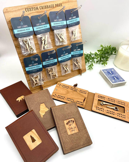 Cast & Carve - Travel Cribbage Board - Custom Design with Unique Pegs: Check Customize Box Below to Share Details for your board / No Extra Engrave Inside Board