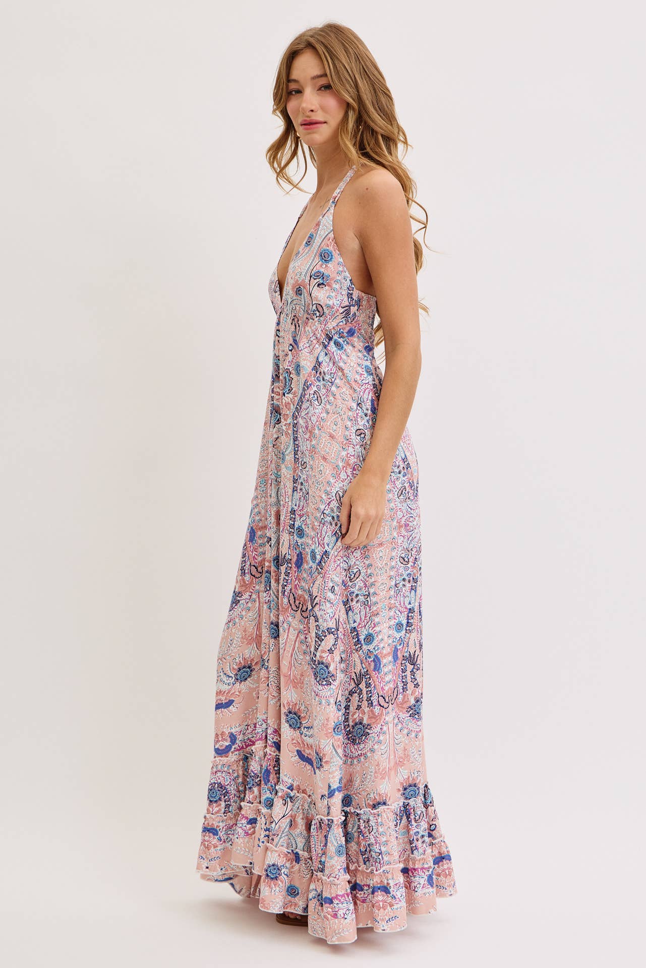 Sweet Lovely by Jen - BOHEMIAN FLORAL PRINT HALTER FLORAL  MAXI DRESS