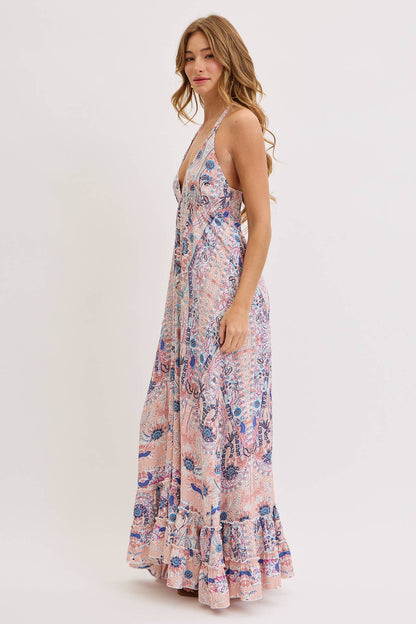 Sweet Lovely by Jen - BOHEMIAN FLORAL PRINT HALTER FLORAL  MAXI DRESS