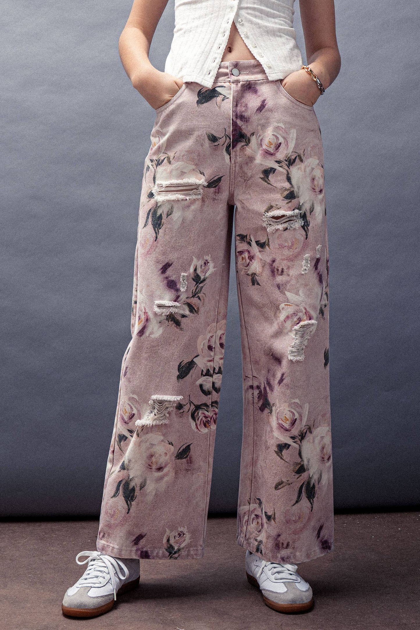 Urban Daizy - Romantic Rose Print High-Rise Denim Pants