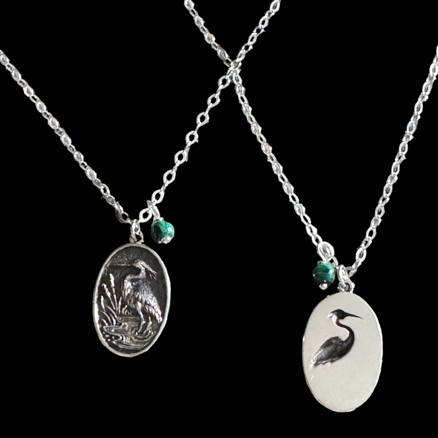Jackie Gallagher Designs - Handmade Coastal Jewelry - Blue Heron with Malachite Necklace, sterling silver