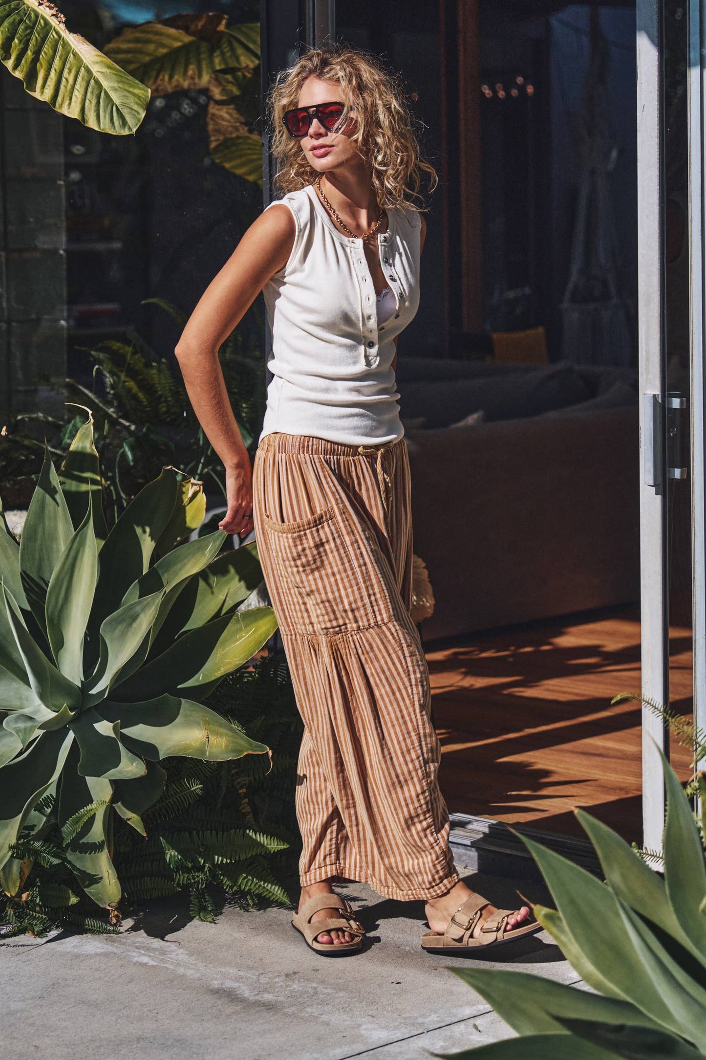 Urban Daizy - Striped Cotton Drawstring Harem Pants