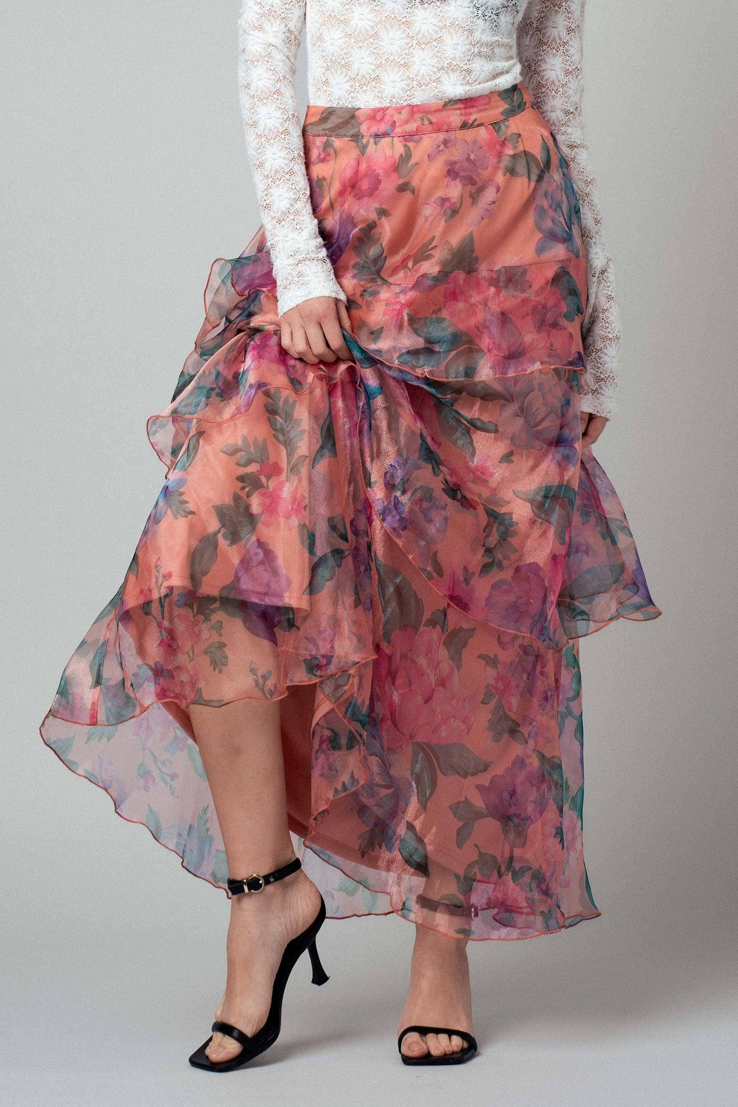 Sheer Floral Print Tiered Organza Maxi Skirt