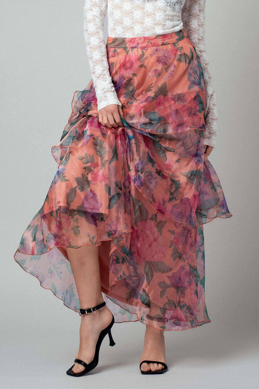 Sheer Floral Print Tiered Organza Maxi Skirt