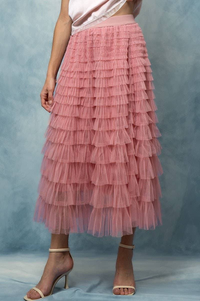 Urban Daizy - Tiered Tulle Midi Skirt with Romantic Ruffles
