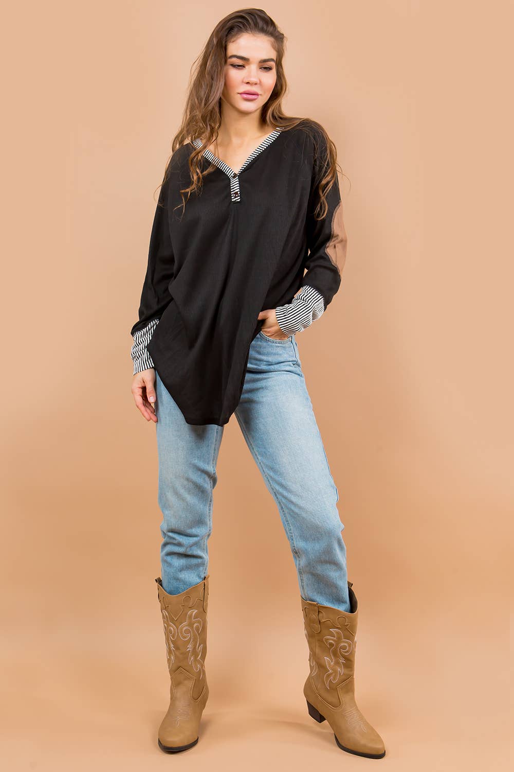 Orange Farm Clothing - Oversized Elbow Patch Tunic-2 Colors: BLACK / X-LARGE