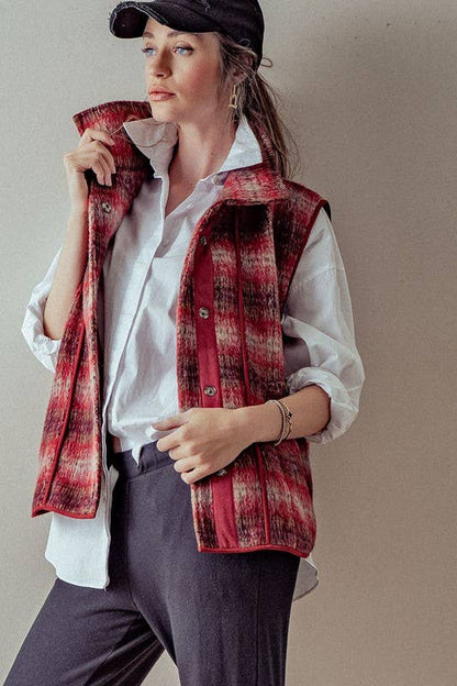 VINTAGE PLAID OVERSIZED WOOL VEST: RUST/TAUPE / S-2/M-2/L-2
