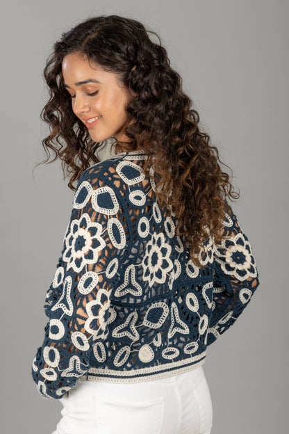 SAACHI - Floral Lace Crochet Short Jacket: BLACK