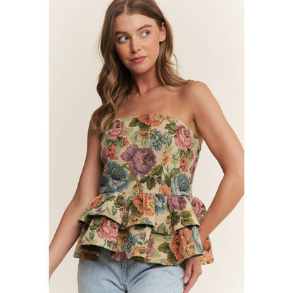 Sweet Generis - VINTAGE FLORAL PRINT WOVEN PEPLUM TIERED TUBE TOP