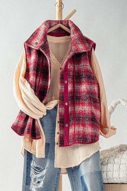 VINTAGE PLAID OVERSIZED WOOL VEST: RUST/TAUPE / S-2/M-2/L-2