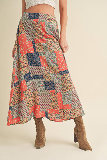 AEMI + CO - 773DN Bradyn Patchwork Print Skirt: M / Contemporary / Mint/Pink