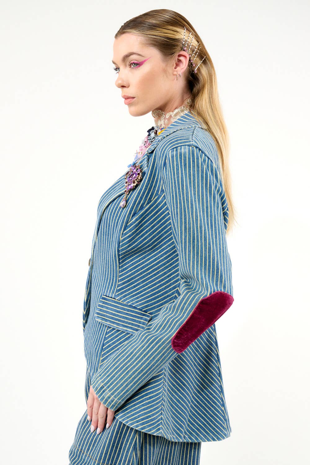 Aratta - Alaia Stripe Denim Blazer: Denim Stripe / L