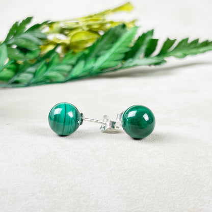Ewelina Pas Jewelry - Silver 8mm Malachite Orb Stud Earrings