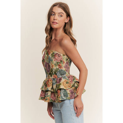 Sweet Generis - VINTAGE FLORAL PRINT WOVEN PEPLUM TIERED TUBE TOP