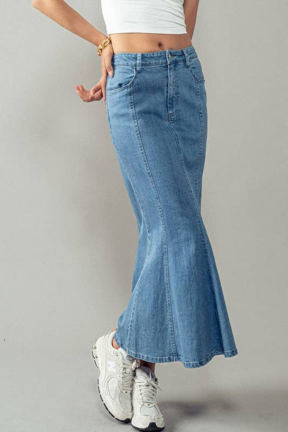 Urban Daizy - Wave Away Panel Midi Skirt: DENIM / S-2/M-2/L-2