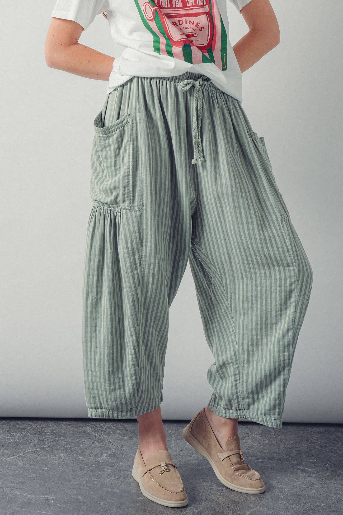 Urban Daizy - Striped Cotton Drawstring Harem Pants