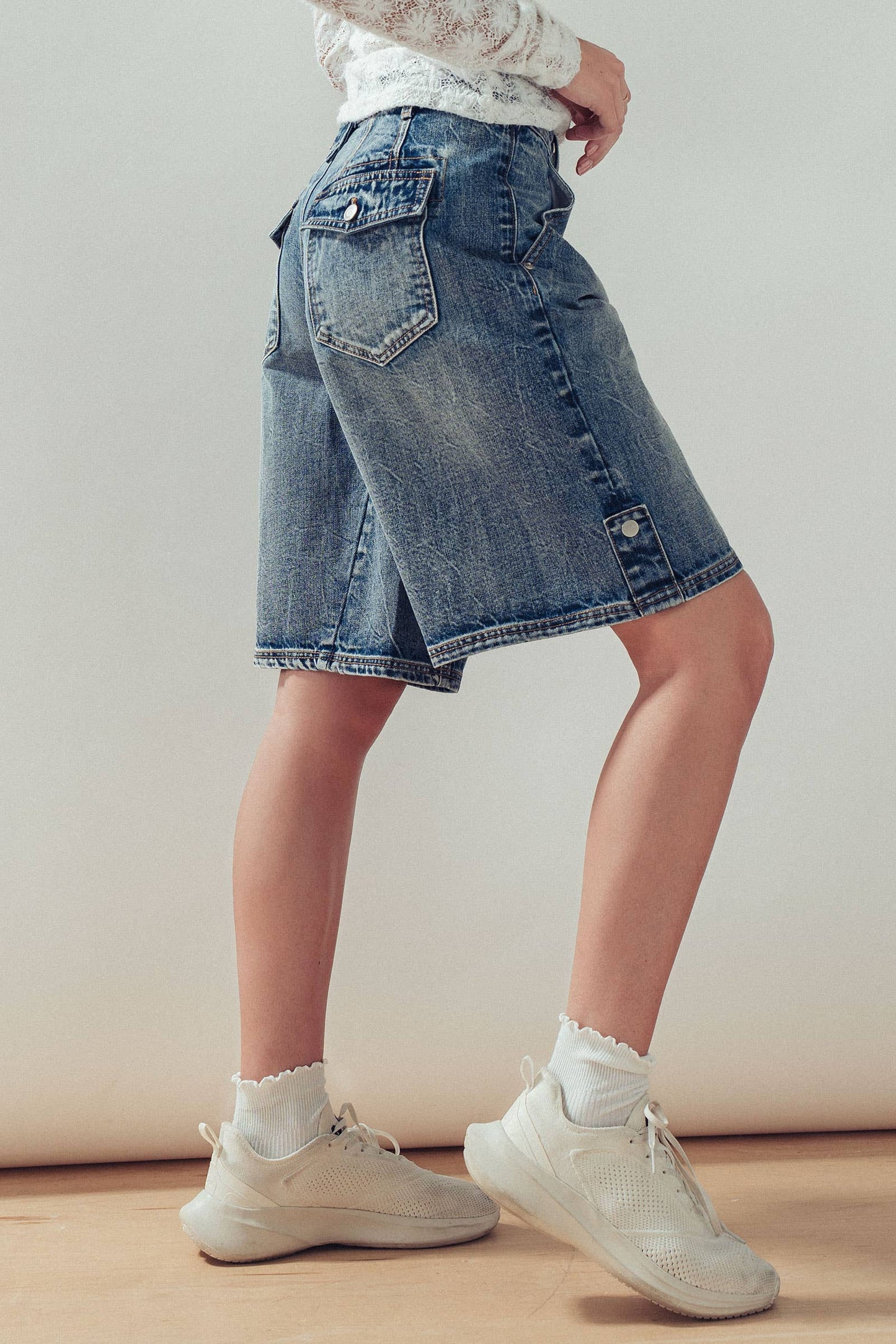 Urban Daizy - Wide-Leg Utility Denim Bermuda Shorts