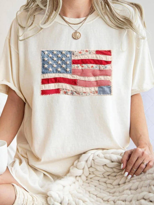 Rosa Clothing - American Flag Faux Texture Patchwork Print T-Shirt
