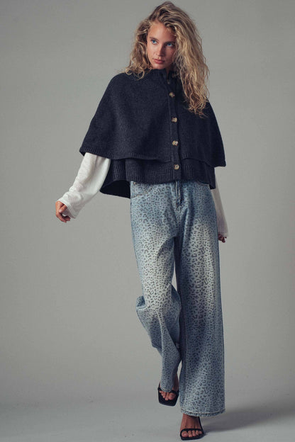 Urban Daizy - Wool Blend Button-Front Sweater Cape